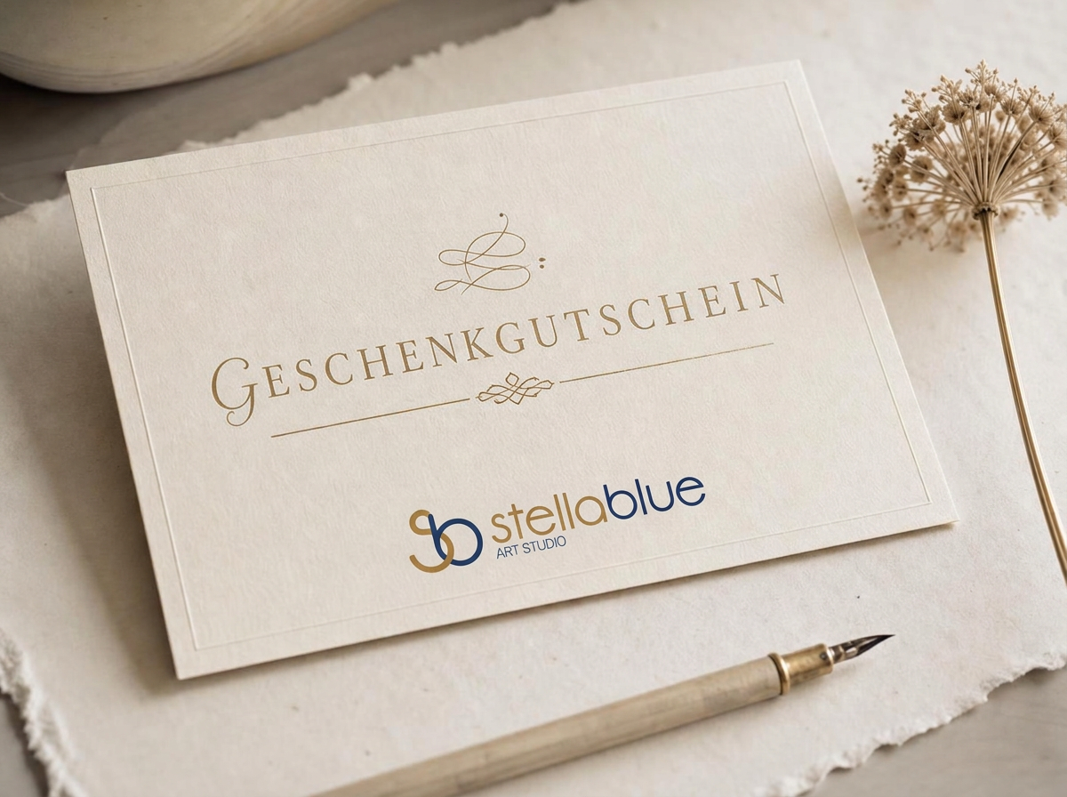 Beispiel eines StellaBlue Studio Geschenkgutscheins auf handgeschöpftem Papier